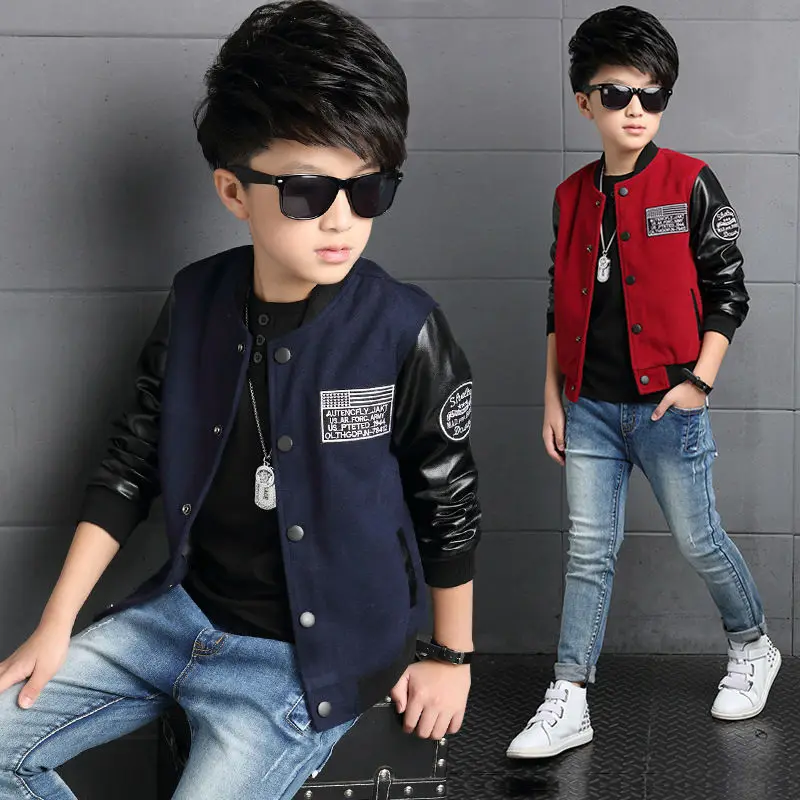 Boys Coat Polyester Faux Leather Casual Children Hoodies Brand Autumn Teenage Jackets Patchwork Letter Kid Clothes For | Мать и ребенок