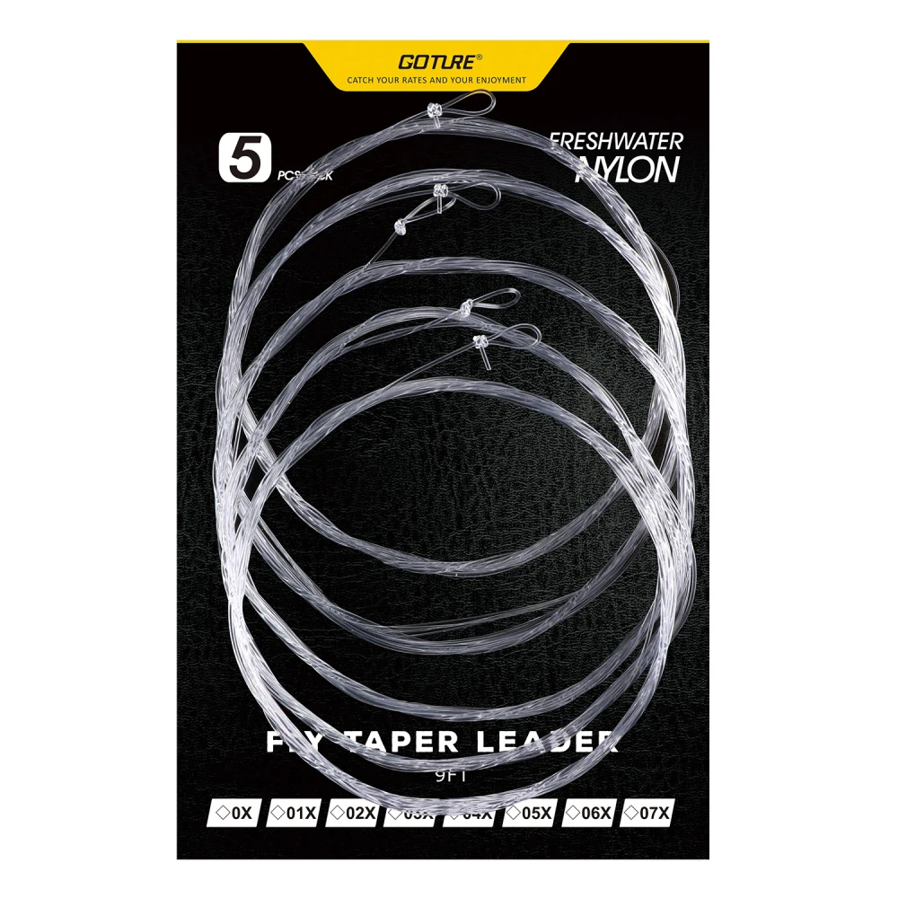 

Goture 9FT/2.74M Fly Fishing Tapered Leader 0X/1X/2X/3X/4X/5X/6X/7X Clear Nylon Fishing Line With Loop Fishing Tools 5pcs/lot