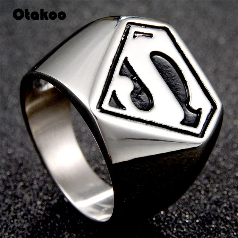 Otakoo silver black-color Men Ring Fashion Cool Punk Motor Biker Superman Rings Stainless steel Batman Band Christmas party gift | Украшения
