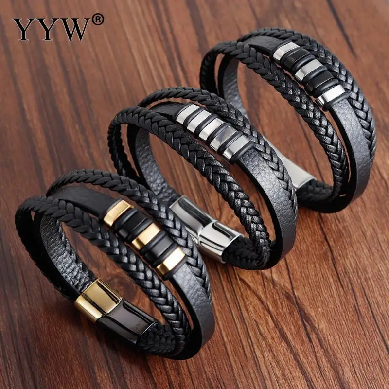 New 3 Layers Black Gold Punk Style Design Genuine Leather Bracelet for Men Steel Magnetic Button Birthday Gift Male Bracelets 
New 3 Layers Black Gold Punk Style Design Genuine Leather Bracelet for Men Steel Magnetic Button Birthday Gift Male Bracelets