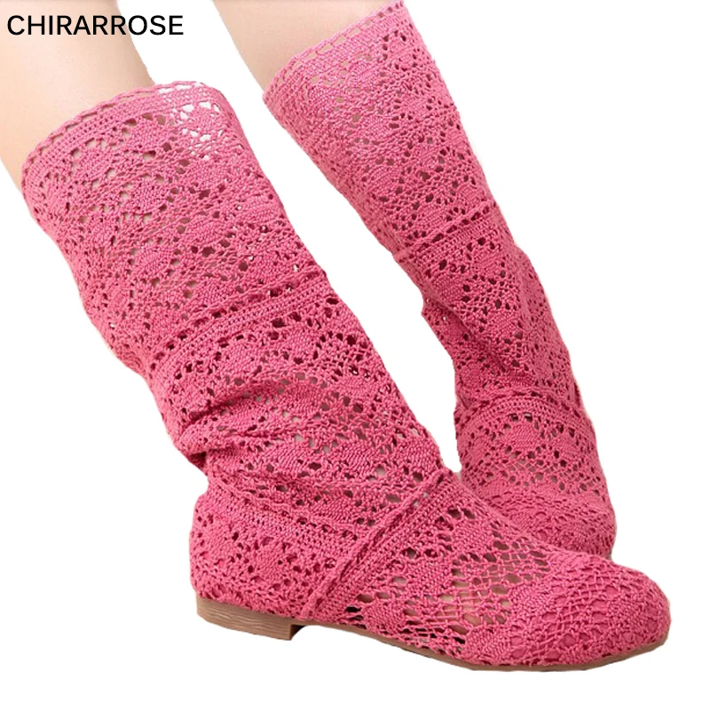 Новинка модные женские летние длинные вязаные сапоги CHIRARROSE Женская сетчатая