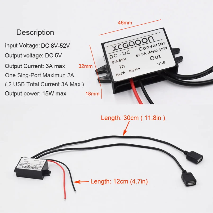 Автомобильный преобразователь XCGaoon двойной 2 USB модуль кабель вход постоянный ток