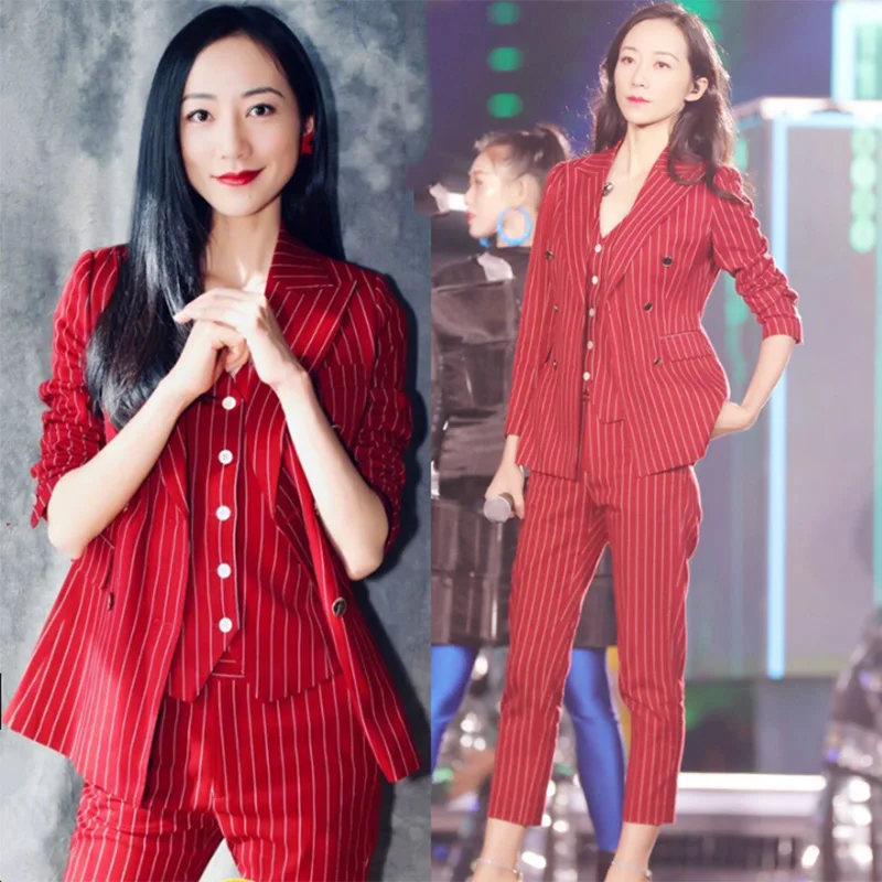 Spring Autumn Women Striped 3 Pieces Set Women OL Double Breasted Blazer Jacket + Vest + Ankle Length Pants Suit Set Red Y228
Spring Autumn Women Striped 3 Pieces Set Women OL Double Breasted Blazer Jacket + Vest + Ankle Length Pants Suit Set Red Y228