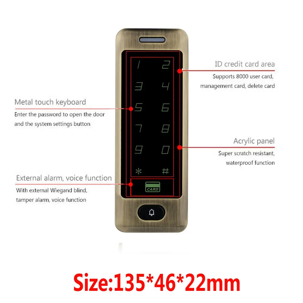 Free Shipping Waterproof Metal Touch 8000 Users Door RFID Access Control Keypad Case Reader 125khz EM4100 ID Card
Free Shipping Waterproof Metal Touch 8000 Users Door RFID Access Control Keypad Case Reader 125khz EM4100 ID Card