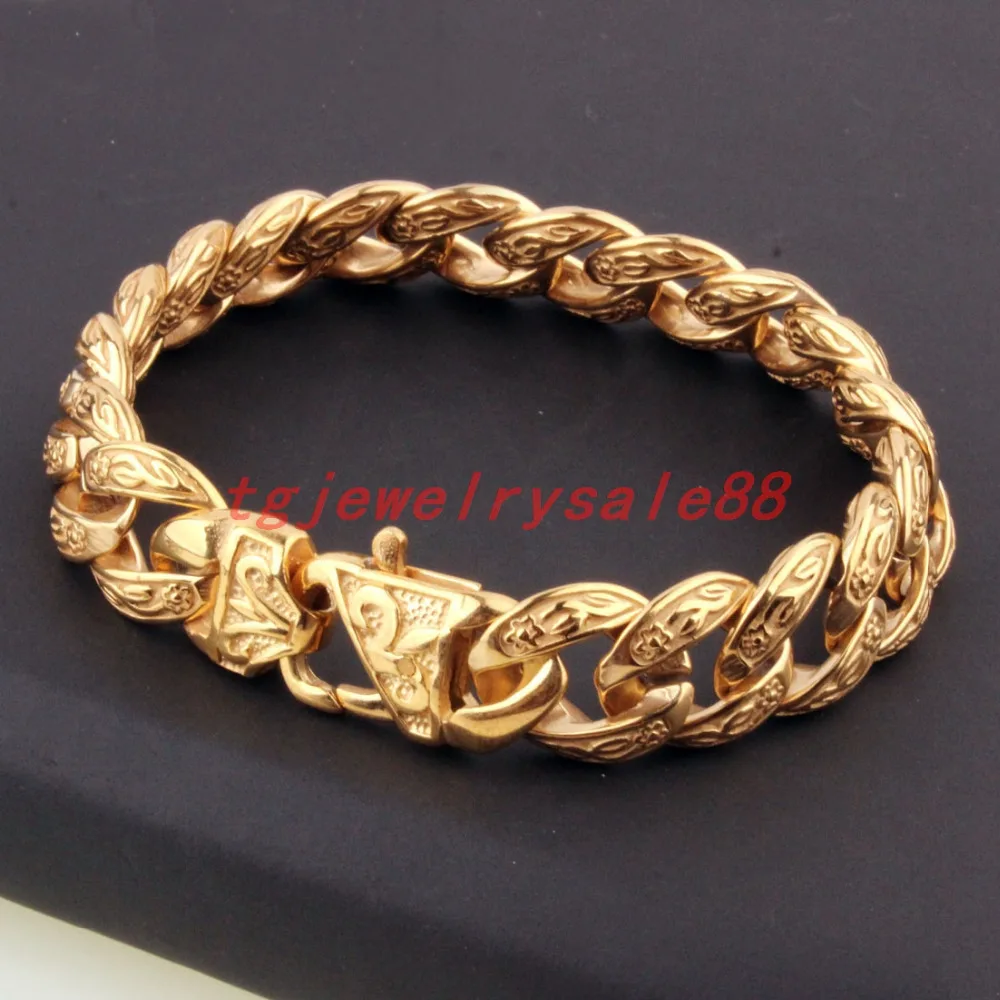 Popular Biker Men's 15mm Wide Gold Color Stainless Steel Curb Cuban Link Chain Casting Bracelet Jewelry Flower Clasp 9" | Украшения