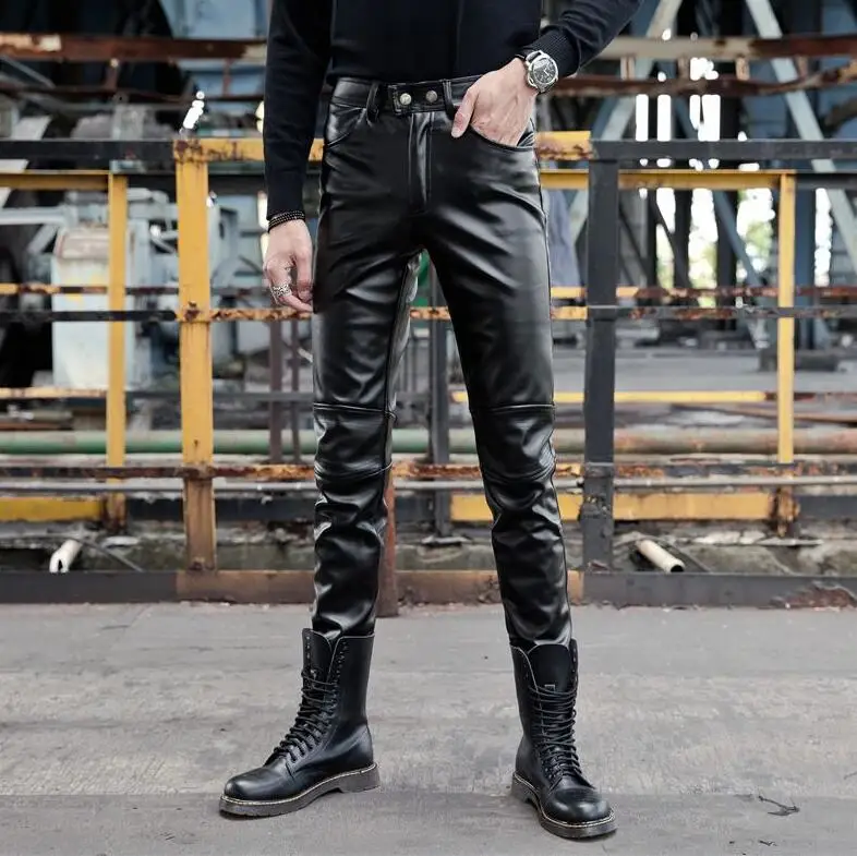 

velvet thickening fashion motorcycle faux leather pants mens feet pants pu trousers for men pantalon homme elasticity black