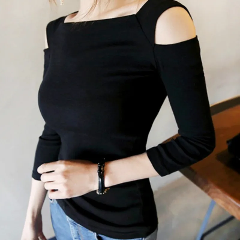 Женская футболка с открытыми плечами Однотонная рубашка длинными рукавами и