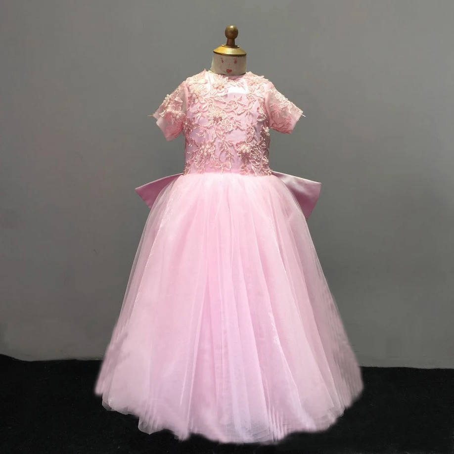 Applique Organza Tulle lace Bows High Collar Button Zipper Hand Made Flower Pearls Ball Gown Pink flower boy Real picture | Свадьбы и