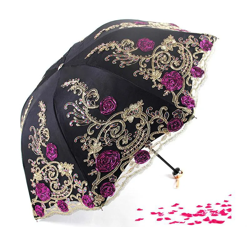 Новый тройной сложенный кружевной двойной вышитый зонтик Бегония цветок черный
