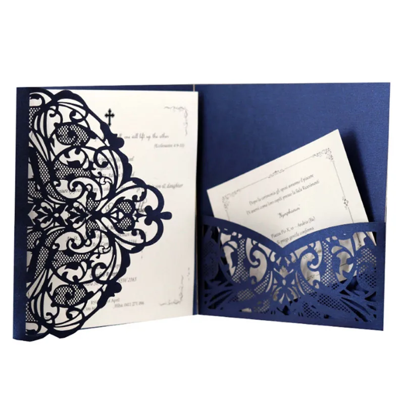 Осенне-зимние свадебные приглашения темно-синие цветочные карманные открытки