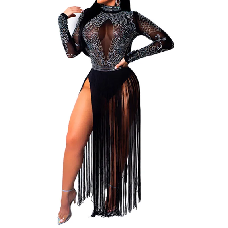 

2019 Spring Modern Lady Women Dresses Sexy Club Party Going Out Elegant Sheer Sequined Layered Fringe Detail Dress