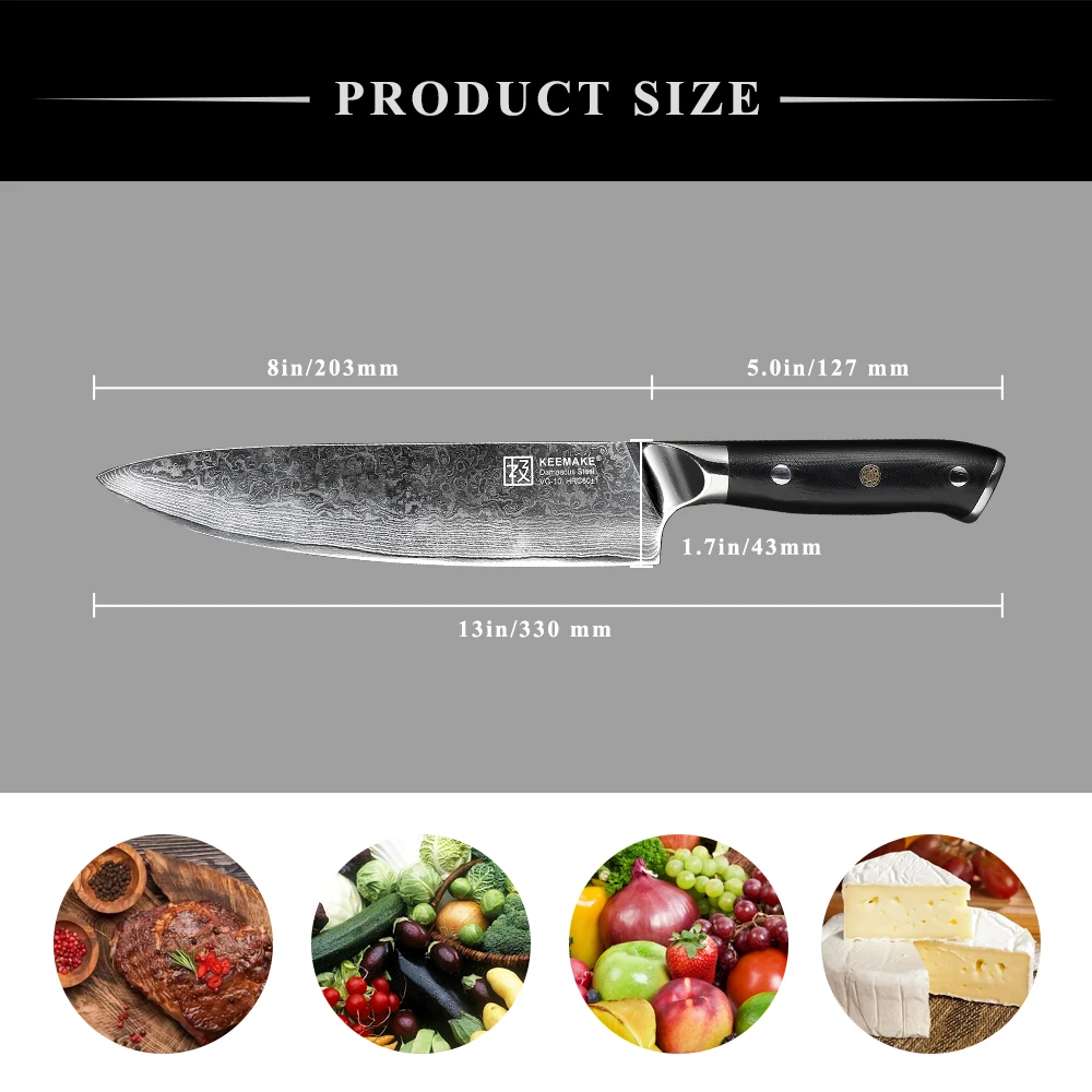 KEEMAKE 8'' Chef Knife Japanese Damascus VG10 Steel Sharp Blade Kitchen Knives High Quality G10 Handle Meat Fruit Cutter Tools
KEEMAKE 8'' Chef Knife Japanese Damascus VG10 Steel Sharp Blade Kitchen Knives High Quality G10 Handle Meat Fruit Cutter Tools