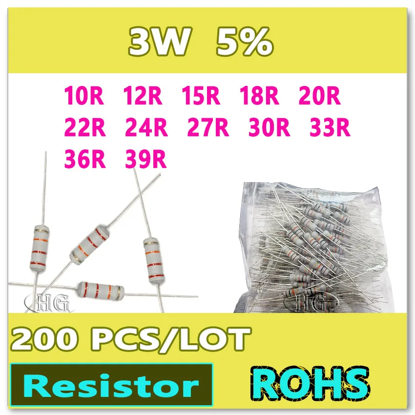 JASNPROSMA 200PCS/LOT 5% 3W 10R 12R 15R 18R 20R 22R 24R 27R 30R 33R 36R 39R carbon film DIP OHM Resistor
JASNPROSMA 200PCS/LOT 5% 3W 10R 12R 15R 18R 20R 22R 24R 27R 30R 33R 36R 39R carbon film DIP OHM Resistor