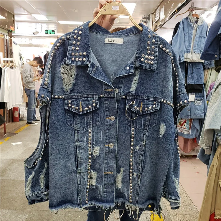 Hole Jean Coats Heavy Rivet Denim Cowboy Coat Women's Studded Beads Blue Denim Jacket Spring Student's Personality Trend Loose
Hole Jean Coats Heavy Rivet Denim Cowboy Coat Women's Studded Beads Blue Denim Jacket Spring Student's Personality Trend Loose