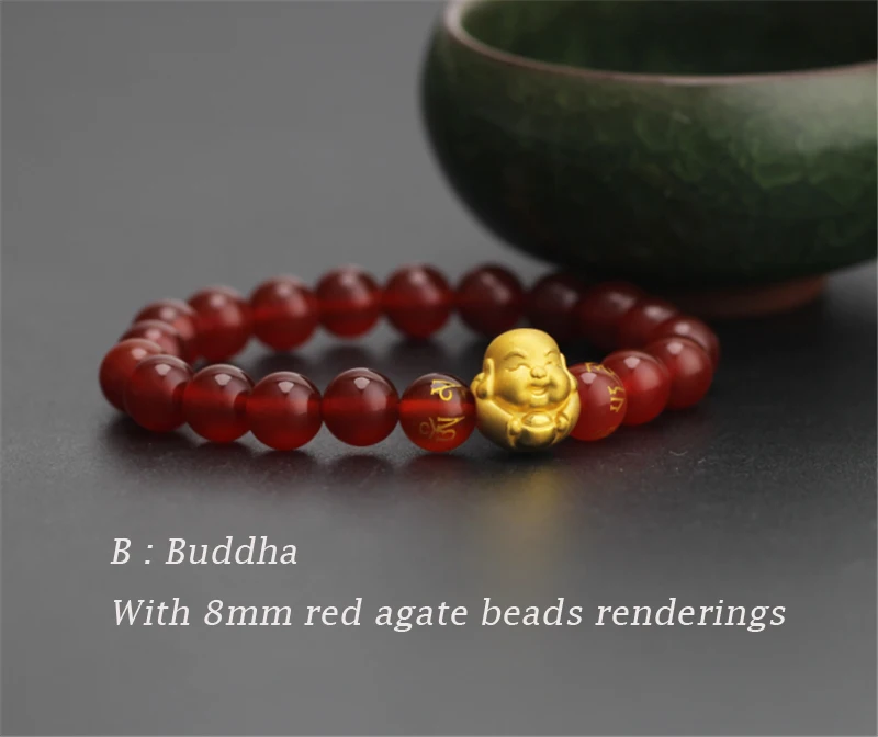 

Pure 24K 999 Yellow 3D Gold Smile Buddha Luck Bead Red Agate 8mm Bracelet For Women Men Fashion 1-1.2g 12*13mm 2019 New