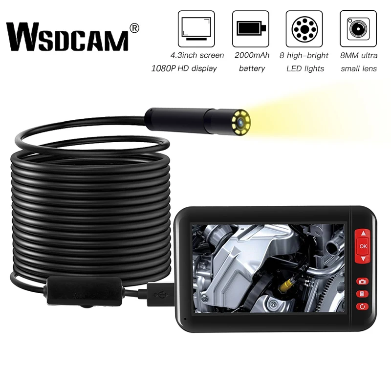 

Wsdcam 2M/5M/10M 8mm F200 Endoscope Camera HD 1080P with 4.3 Inch Screen Display 2000mAh 8 LED Light Inspection Borescope Camera