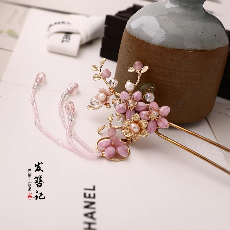 vintage pink beaded Cherry blossoms handmade Hair pin hair sticks crown accessories Headwear for kimono hanfu COSPLAY | Аксессуары для