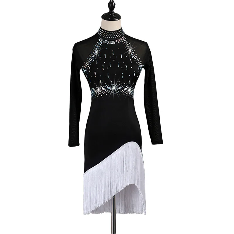 Adult women Black-white Professional Latin Dance Tassel Costumes Lady Dance Competition Dress With Rhinestones Mesh Long Sleeve
Adult women Black-white Professional Latin Dance Tassel Costumes Lady Dance Competition Dress With Rhinestones Mesh Long Sleeve