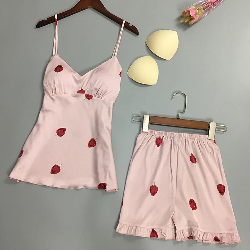 Ladies Sexy Silk Satin Pajama Set Strawberry Cute Sleepwear Set Sleeveless Pyjama Femme V-neck Pijama Summer Nightwear For Women
Ladies Sexy Silk Satin Pajama Set Strawberry Cute Sleepwear Set Sleeveless Pyjama Femme V-neck Pijama Summer Nightwear For Women