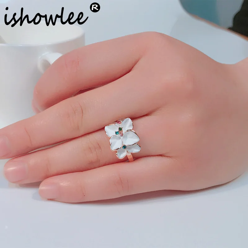 ISHOWLEE цветок из белой эмали кольцо для женщин элегантные розовое золото 585 милые