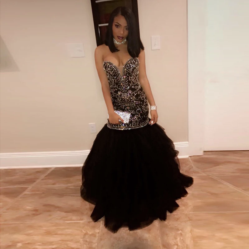 Sparkly Crystal Beading Mermaid Prom Dresses 2020 Sweetheart Tulle Black and Gold Evening Party Gowns Black Girl Prom Dress
Sparkly Crystal Beading Mermaid Prom Dresses 2020 Sweetheart Tulle Black and Gold Evening Party Gowns Black Girl Prom Dress