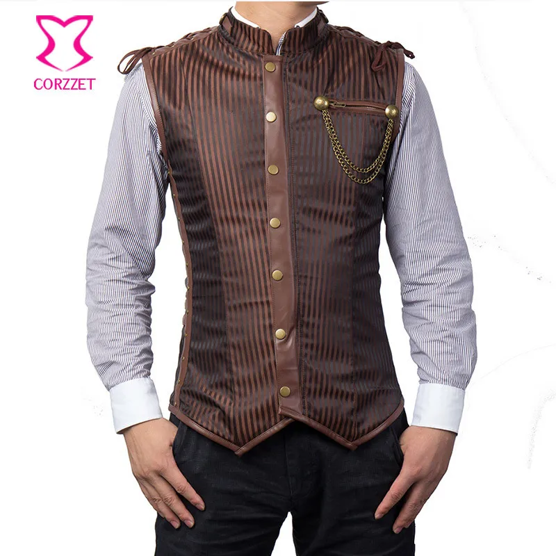 Corzzet Brown Striped Collar Sleeveless Mens Steampunk Jacket Gilet Vest Waist Trainer Hot Shaper Body Gothic Men Clothing
Corzzet Brown Striped Collar Sleeveless Mens Steampunk Jacket Gilet Vest Waist Trainer Hot Shaper Body Gothic Men Clothing