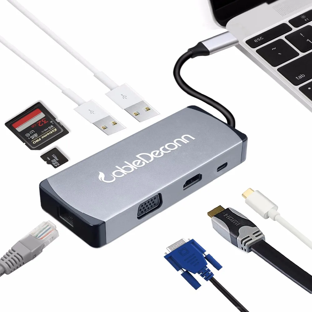 USB C Type-c to HDMI 4K RJ45 VGA 108P 2xUSB3.0 Hub TF SD card USB-C PD Adapter Converter Cable for Macbook Pro 2017 Dell XPS
USB C Type-c to HDMI 4K RJ45 VGA 108P 2xUSB3.0 Hub TF SD card USB-C PD Adapter Converter Cable for Macbook Pro 2017 Dell XPS