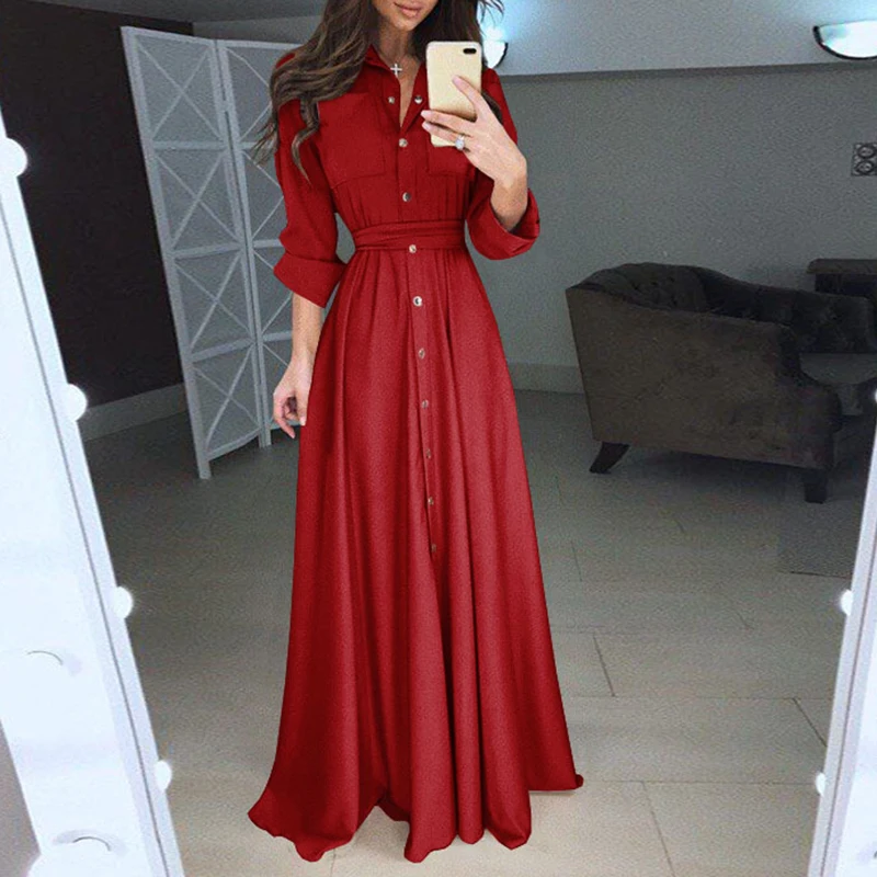 Women Shirt Dress Sexy Slim single breasted turn-down collar A-line long dress High waist pleated wrap dresses maxi vestido
Women Shirt Dress Sexy Slim single breasted turn-down collar A-line long dress High waist pleated wrap dresses maxi vestido