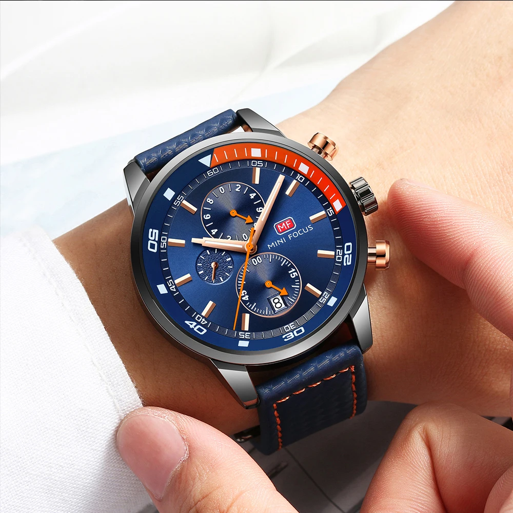 MINI FOCUS Sports Watches Men Casual Quartz Watch Top Brand Luxury Leather Strap Military Wrist Male Blue Analog Clock | Наручные часы