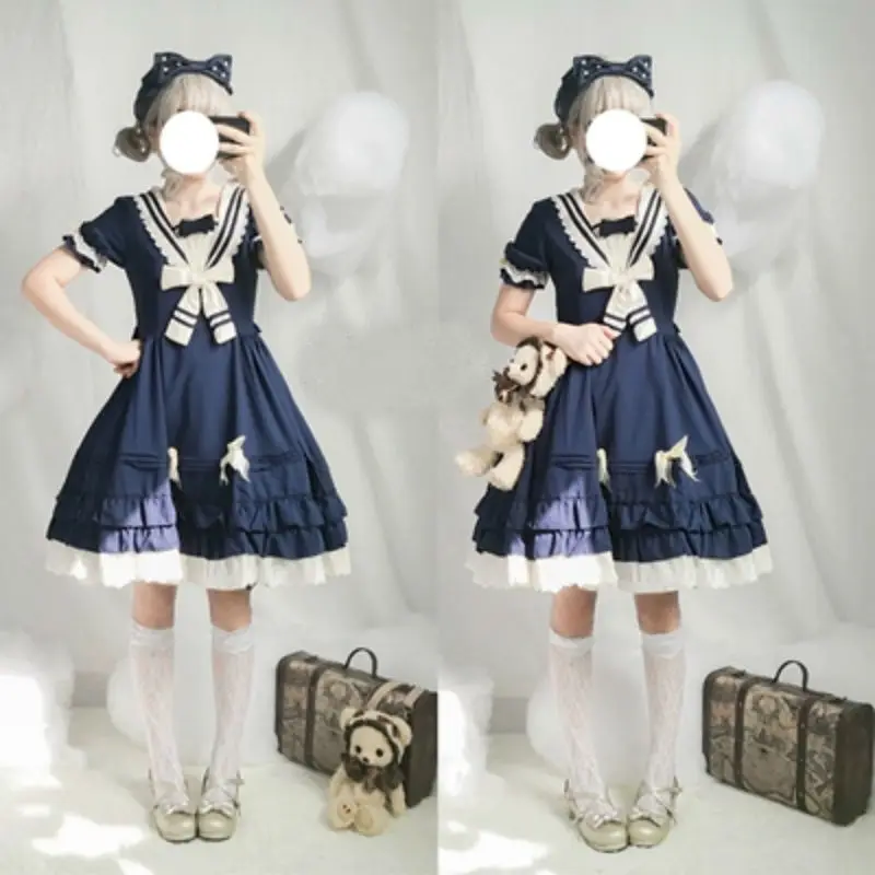 Japanese Girl Lolita Deep Blue Dress Plus Size Navy Collar Short Sleeve Bow Lolita Tea Pary Dress Cosplay Costumes XL Dress
Japanese Girl Lolita Deep Blue Dress Plus Size Navy Collar Short Sleeve Bow Lolita Tea Pary Dress Cosplay Costumes XL Dress