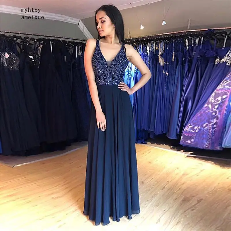 Floor Length V-neck Evening Dresses Sleeveless Crisscross Back Formal Party Dress Navy Blue Chiffon Evening Gown Delicate Beads
Floor Length V-neck Evening Dresses Sleeveless Crisscross Back Formal Party Dress Navy Blue Chiffon Evening Gown Delicate Beads