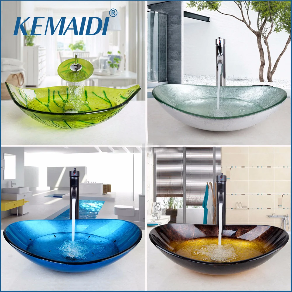 

KEMAIDI US Waterfall Spout Basin Black Tap+Bathroom Sink Washbasin Tempered Glass Hand-Painted Bath Brass Set Faucet Mixer Taps