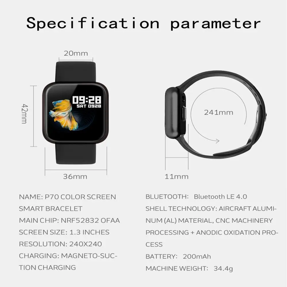 P70 Waterproof Smartwatch With Heart Rate Monitor Blood Pressure Blood Oxygen Activity Tracker Fitness Women Sports Smart Watch
P70 Waterproof Smartwatch With Heart Rate Monitor Blood Pressure Blood Oxygen Activity Tracker Fitness Women Sports Smart Watch