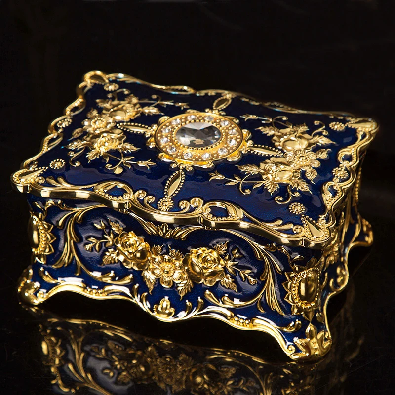 

European Rectangle Shape Embossed Gold Plating with Blue Hand Painted and Jeweled Trinket Storage Metal Jewelry Box Small Size