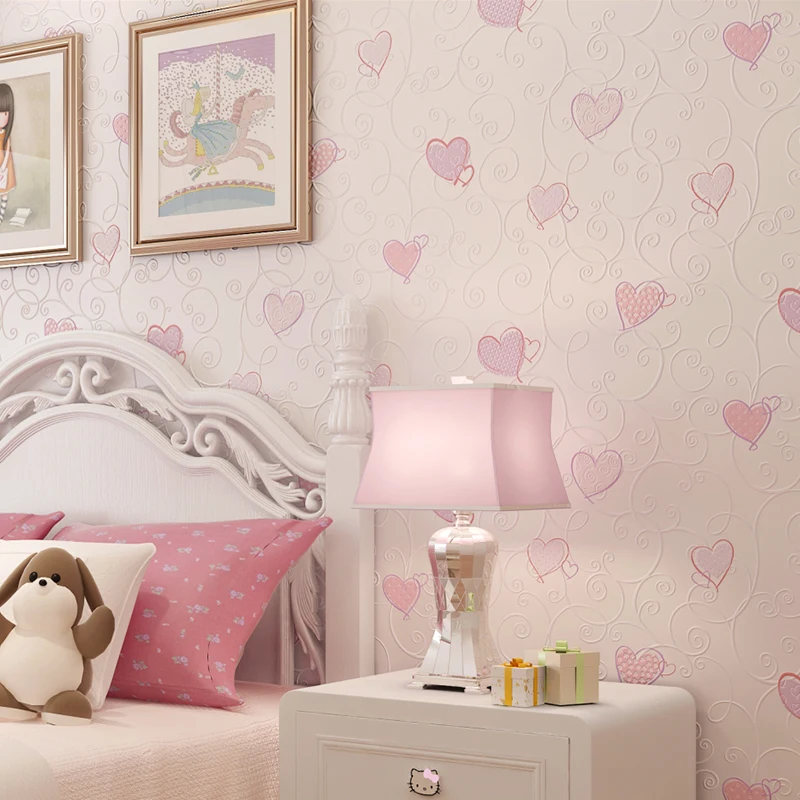 

3D Pink Love Heart Cartoon Princess Girl Room Background Wallpaper Roll 3D Embossed Flocking Non Woven Kids Wall Covering Paper