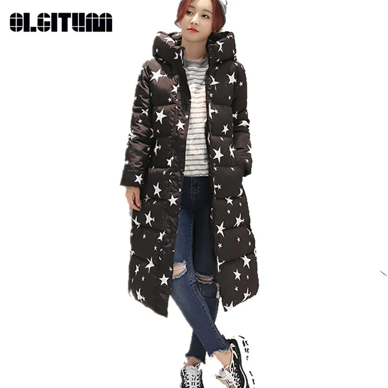 OLGITUM Fashion Winter Cotton Jacket Women Slim Thick Stars Print Female Coat Warm Winter Long Jackets Ladies Overcoat CC238
OLGITUM Fashion Winter Cotton Jacket Women Slim Thick Stars Print Female Coat Warm Winter Long Jackets Ladies Overcoat CC238