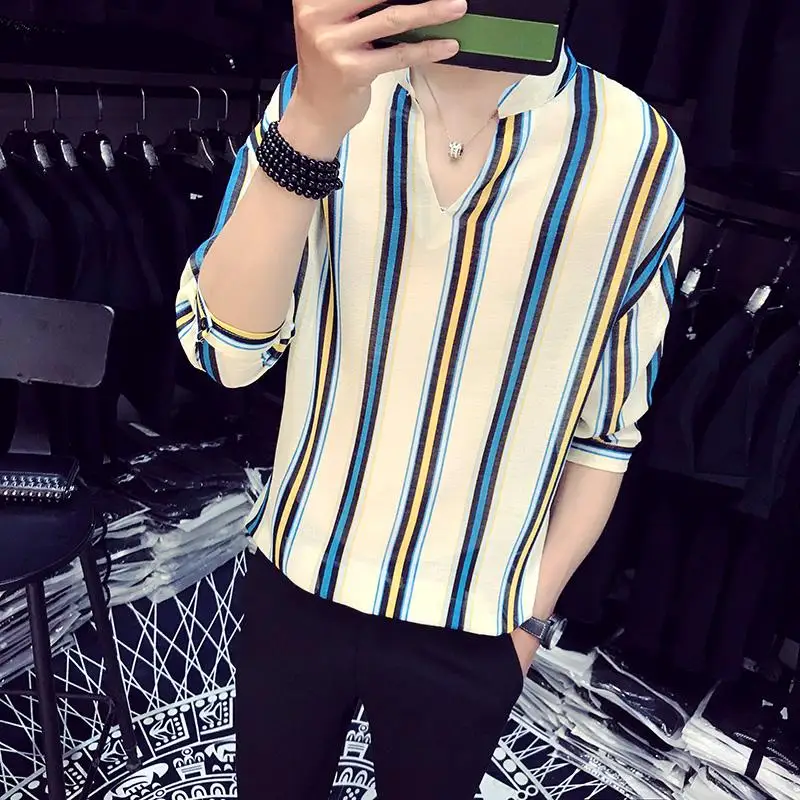 LOLDEAL Summer V-neck Loose Color Striped Beautiful Printed Shirt White Blue