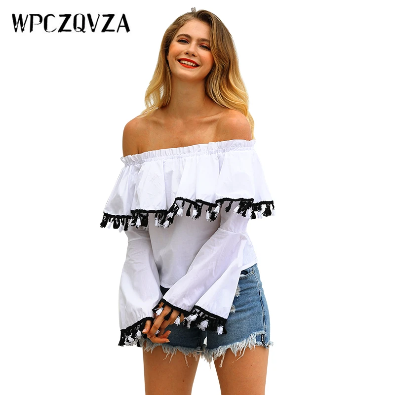 WPCZQVZA новый элегантный Slash шеи женская блуза с кисточками рубашка высокого