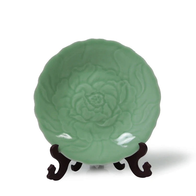 

Exquisite Chinese Traditional Handicraft Green Glaze Porcelain Plate, with Peony Flower Design