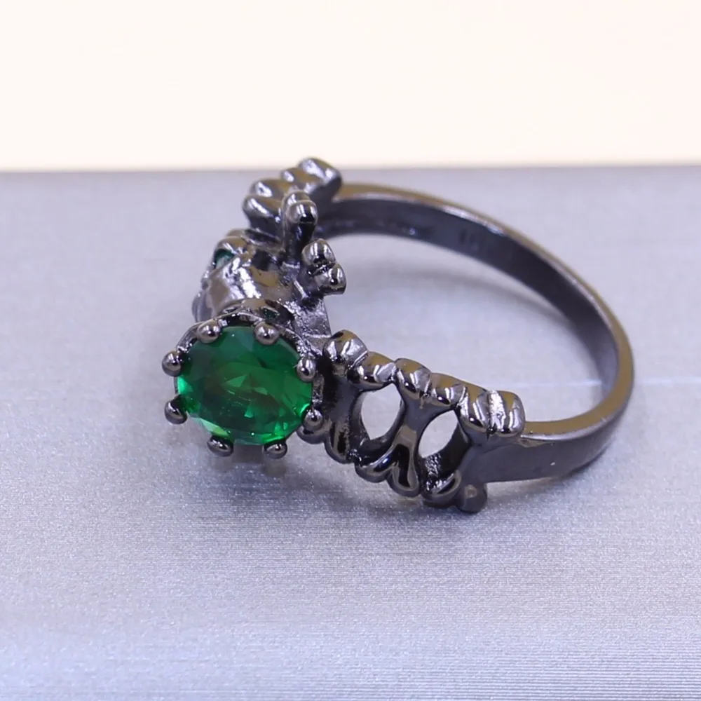 Size 5-11 Punk Vintage Jewelry Round Cut 10kt Black Gold Filled Green 5A CZ Zirconia Women personality Wedding Skull Ring Gift | Украшения