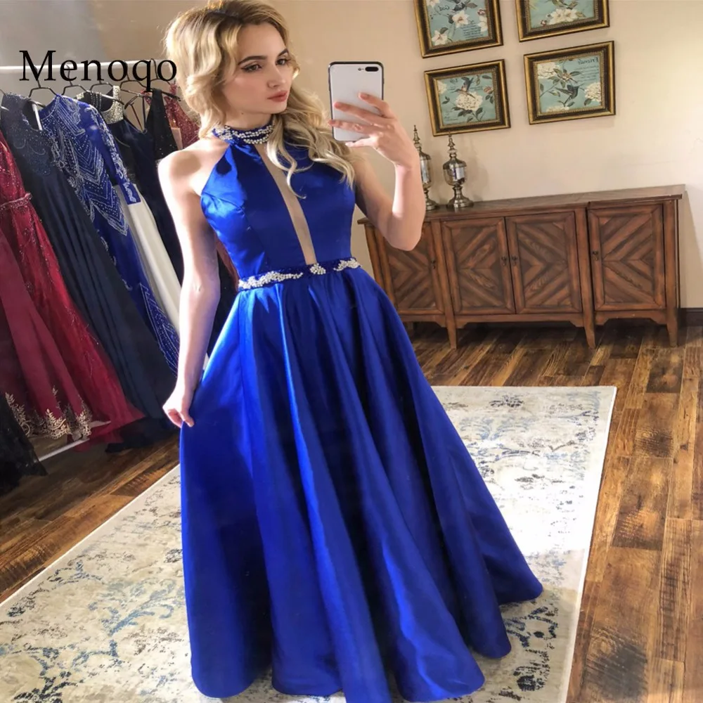 Women's Halter Neckline Beaded Long Satin Royal Blue Prom Party Dresses for Beaded Fomral Evening Dresses
Women's Halter Neckline Beaded Long Satin Royal Blue Prom Party Dresses for Beaded Fomral Evening Dresses