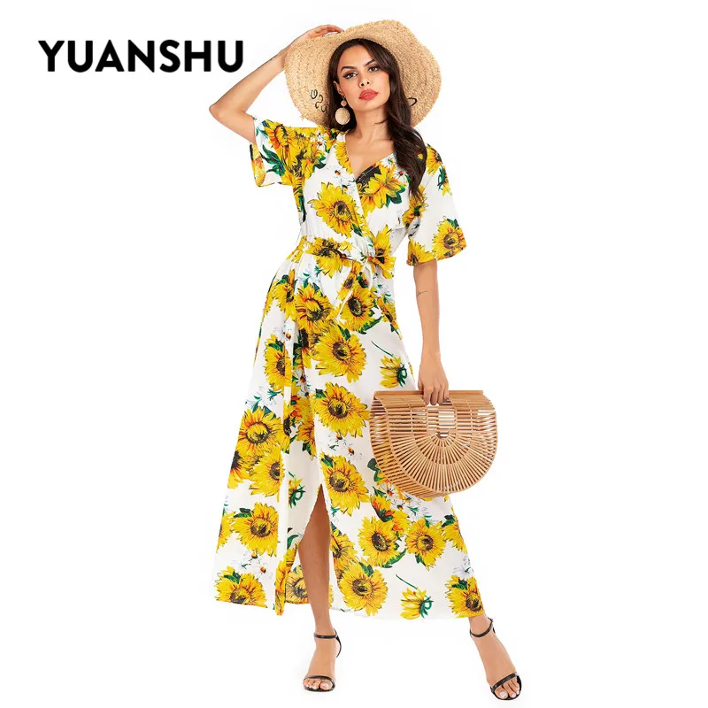 YUANSHU Summer Dress Elegant V Neck Slit Floral Chiffon Dress Women Holiday Party maxi Dress
YUANSHU Summer Dress Elegant V Neck Slit Floral Chiffon Dress Women Holiday Party maxi Dress