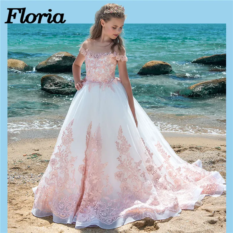 

New Arrivals Pink Lace Ball Gowns Flower Girls Pageant Dresses With Train First Communion Dresses For Weddings Vestidos deminha
