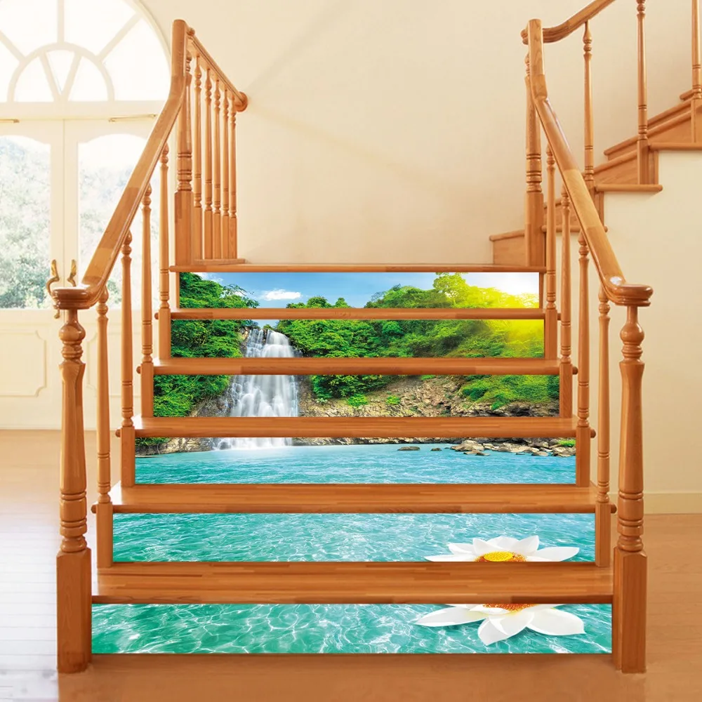 

6pcs/set Waterfall Lake Landscape 3D Stair Stickers Waterproof Decals Home Decoration Removable Floor Wall Sticker 18*100cm
