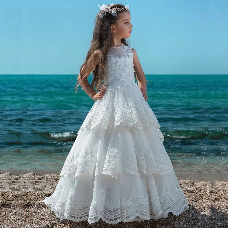 

New Girls Dresses Lace Appliques Sheer O Neck Flower Girl Dress Kids First Communion Gown Princess Dress Size 2-16Y