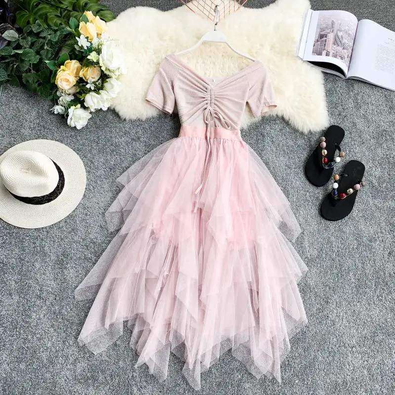 Summer Women Lace Up Bandage Voile Bow Ball Gown Dress Elastic Slim Waist Mesh Gauze Tulle Irregular Pullover Layer Cake Dress
Summer Women Lace Up Bandage Voile Bow Ball Gown Dress Elastic Slim Waist Mesh Gauze Tulle Irregular Pullover Layer Cake Dress