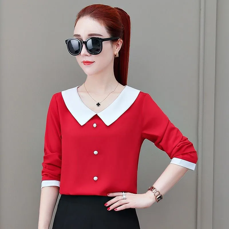 Women Spring Summer Cute Chiffon Blouses Shirts Lady Casual Peter pan Collar Long Sleeve Beading Blusas Tops DF2567
Women Spring Summer Cute Chiffon Blouses Shirts Lady Casual Peter pan Collar Long Sleeve Beading Blusas Tops DF2567