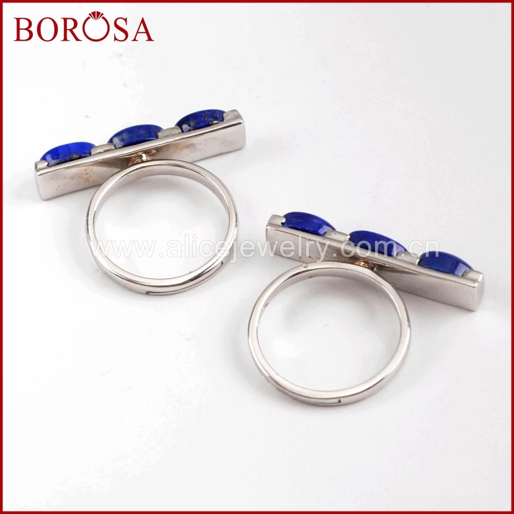 

BOROSA 5PCS New Arrival Pure Silver Color Rings Three Oval Natural Lapis Lazuli Bezel Ring Gems Jewelry for Women Girls ZS0297