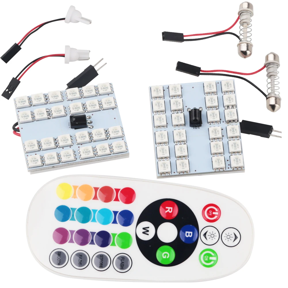 2PCS RGB 5050 12 15 24 36SMD LED Panel Dome Light Auto Remote Controlled Colorful Led Lamp DC 12V With T10 Festoon Adapters
2PCS RGB 5050 12 15 24 36SMD LED Panel Dome Light Auto Remote Controlled Colorful Led Lamp DC 12V With T10 Festoon Adapters