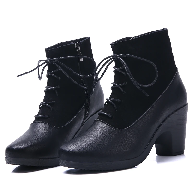 Распродажа женские короткие ботинки на высоком каблуке модные черные кожаные